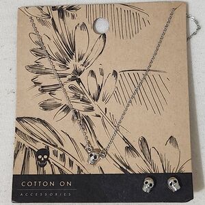 Cotton On Skull Necklace 18" and Stud Earrings Jewelry Set